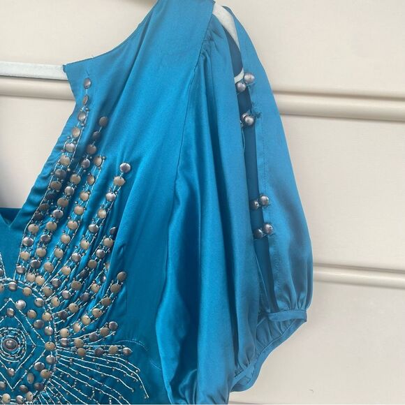 Nanette Lepore Darjeeling Teal Bronze Beaded Embellished Boho Silk Dress Size 12 - Picture 3 of 15